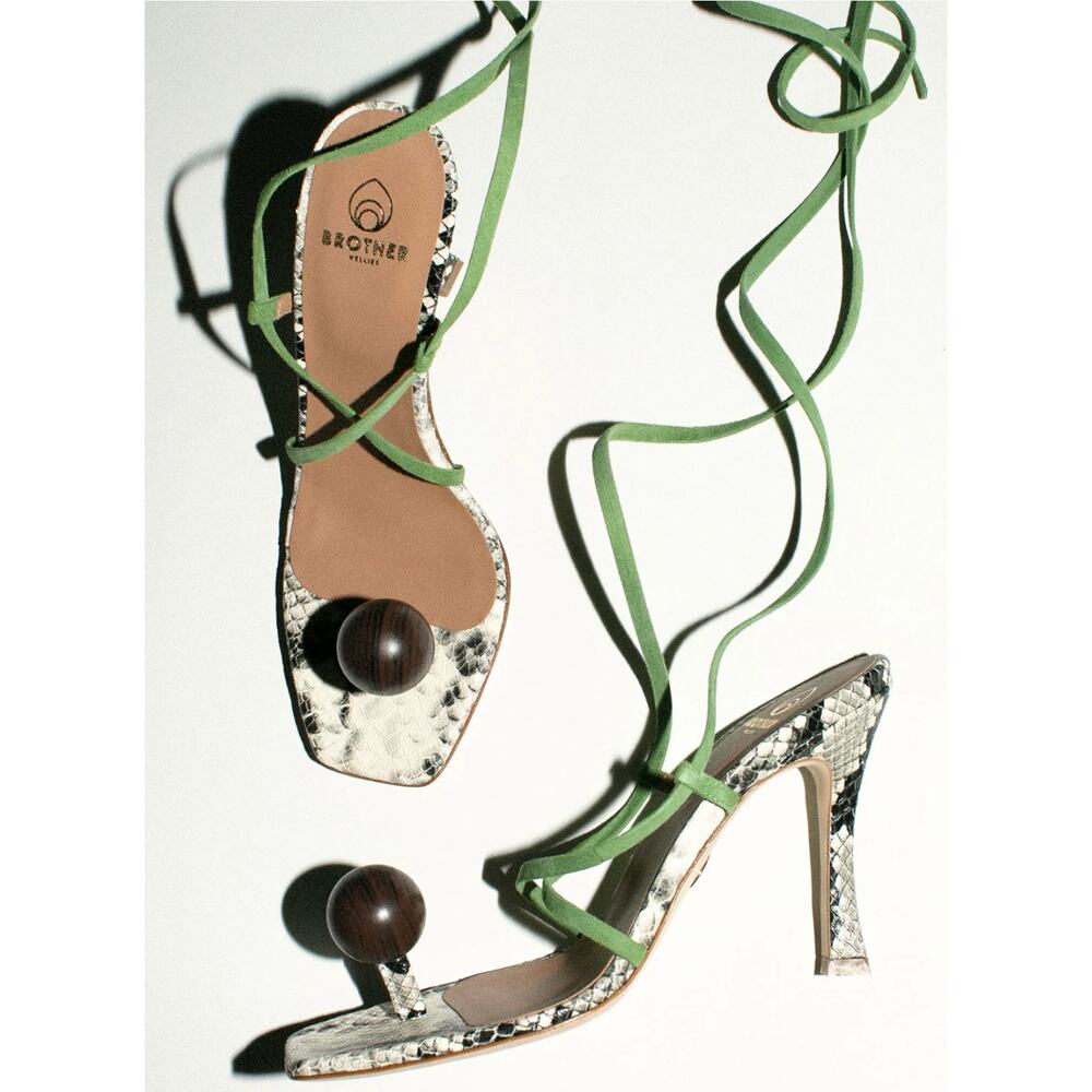 Brother Vellies NEW Snakeskin Wood Globe Lace-Up Ankle Strap Sandal Heels Size 9 - Picture 15 of 16